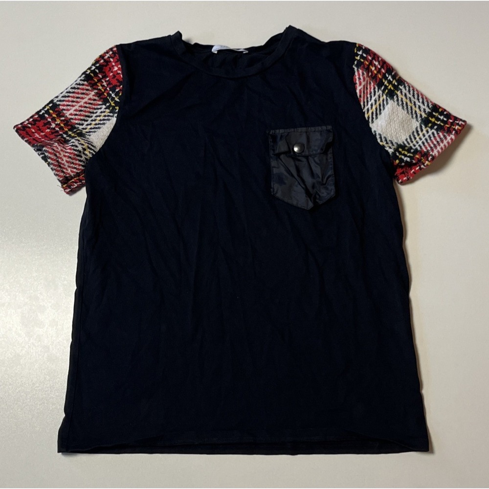 Zara Pocket Tee with Glen Plaid Tweed Short Sleeves Size M T-Shirt‎ Casual Top